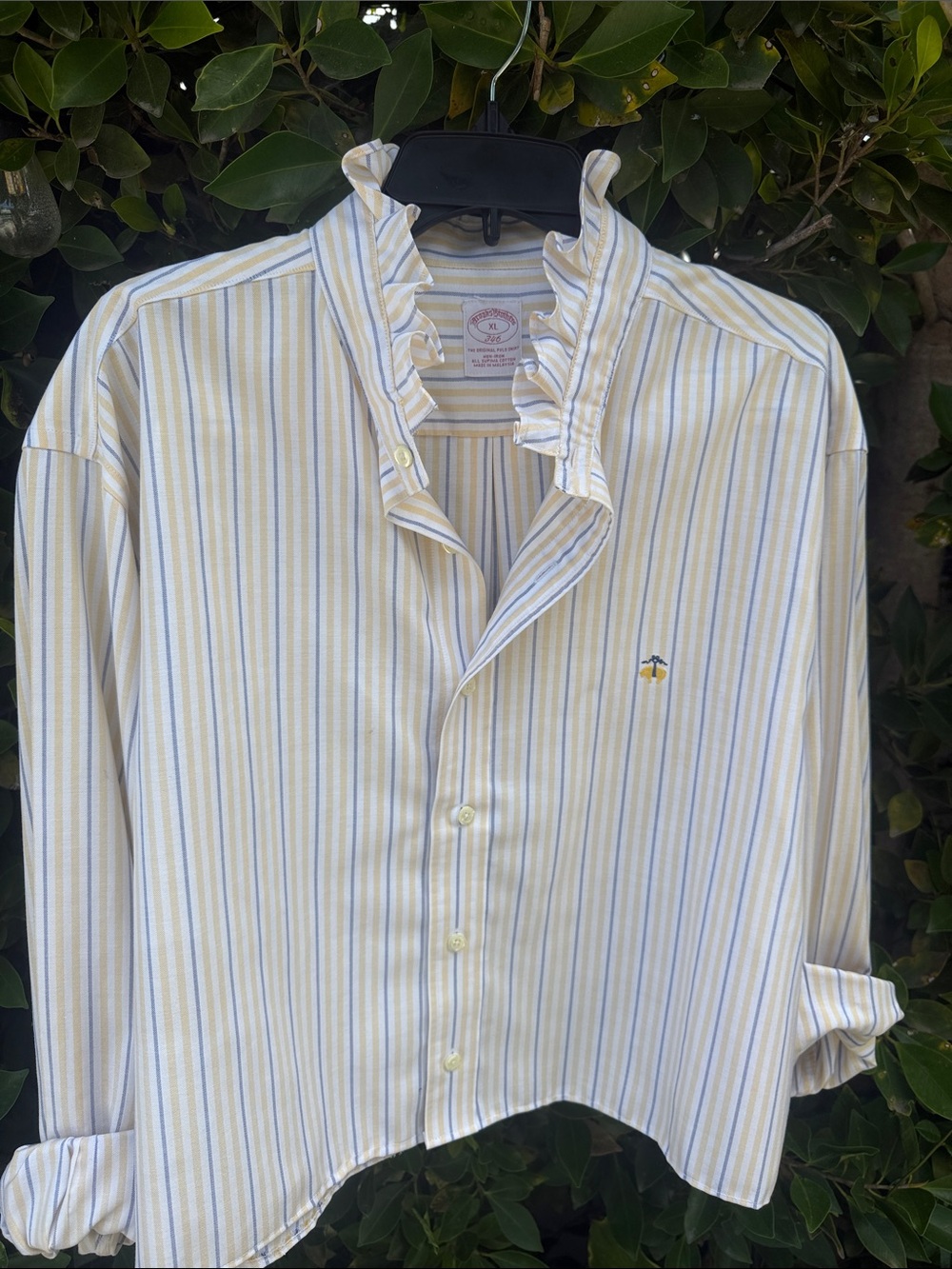 Brooks Brothers Yellow & Blue Striped Ruffle-Collar Button-Down Shirt Cropped